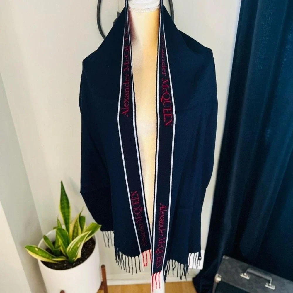 ALEXANDERw MCQUEEN Fringe Wool & Cashmere Scarf, Navy/Red, NWT